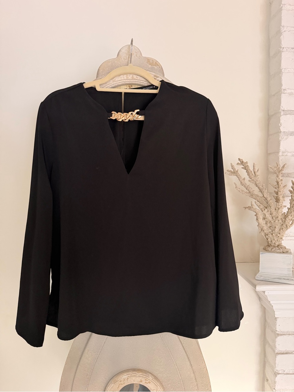 Zara Black Long-Sleeve Blouse with Gold Chain Detail